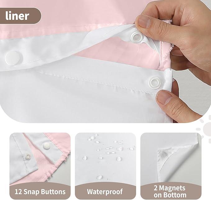 no Hook Shower Curtain and Liner Set，Boho Style with See Through Top Window, Pink Fabric Tufted Striped Textured Outer Curtain & Waterproof Inner Liner, Pink, 71Wx77H