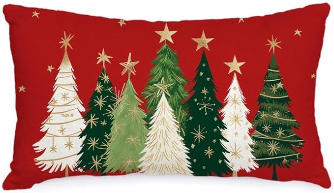 AACORS Christmas Pillow Cover 12X20 Inch Watercolor Christmas Tree Stars Decoration Holiday Farmhouse Winter Pillow Case for Sofa Couch Decor（Red） AA231-12-N