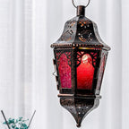 DECORKEY Lantern Decorative Indoor & Outdoor, 13.6’’ Moroccan Style Vintage Decorative Hanging Lantern with Chian for Home Porch Patio Decor, Metal Christmas Halloween Ramadan Candle Holders(Purple)