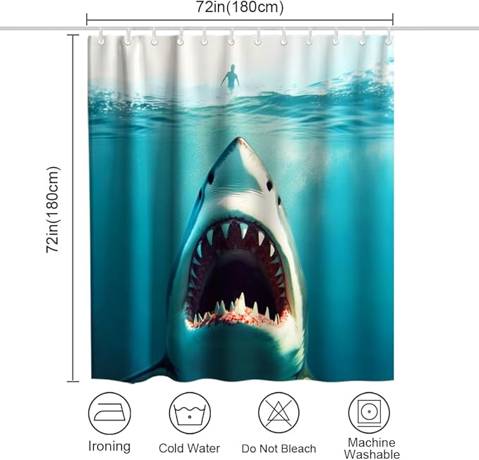 Funny Shark Beach Nautical Underwater Theme Bathroom Bathtubs Fabric Shower Curtain Ocean Animal Shower Curtain Set with 12 Hooks 72x72 inch Polyester Machine Washable, Blue and White