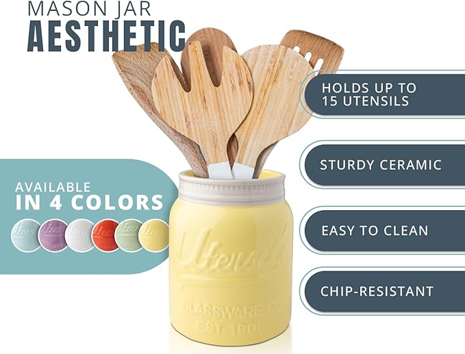 Comfify Wide Mouth Mason Jar Utensil Holder Decorative Kitchenware Organizer Crock, Dishwasher Safe - Kitchen Caddy Green, Large Size 7" High - Yellow
