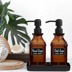 Soap Dispenser - 2 Pack, Antique Design Thick Amber Glass Hand Soap Dispensers with Sturdy Tray; 304 Rust Proof Stainless Steel Black Pump, 12Pcs Stickers, for Kitchen, Bathroom- Black