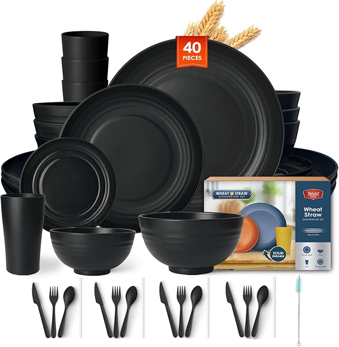 Teivio 40-Piece Kitchen Plastic Wheat Straw Dinnerware Sets, Service for 4, Dinner Plates,Dessert Plates,Cereal Bowls, Cups, Flatware,Dishwasher Safe, Unbreakable Outdoor Camping Dishes, Black