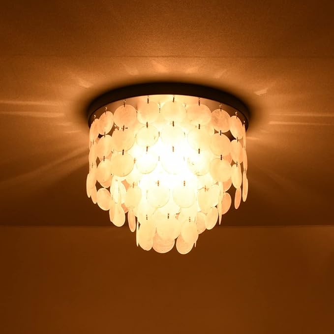ALICE HOUSE 14-inch Capiz Shell Ceiling Light, Antique Bronze Finish, 3 Light Flush Mount Light for Bedroom, Kitchen, Entryway AL1701-S3