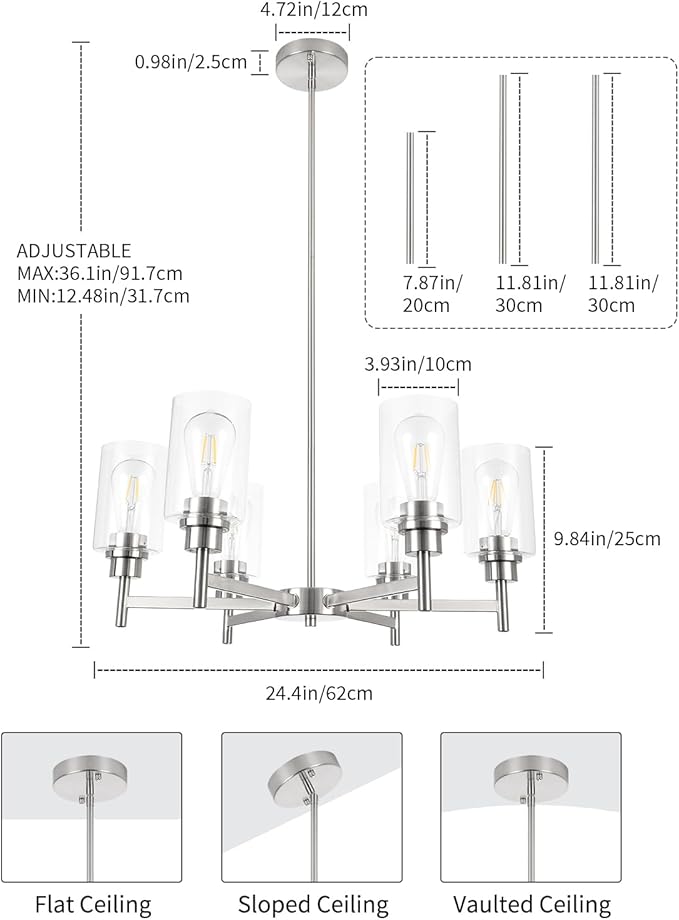 Farmhouse Chandeliers for Dining Room Brushed Nickel Chandelier Fixture with Clear Glass Shades 6 Light Dining Room Light Fixtures Pendant Lights for Kitchen Island Living Room Staircase