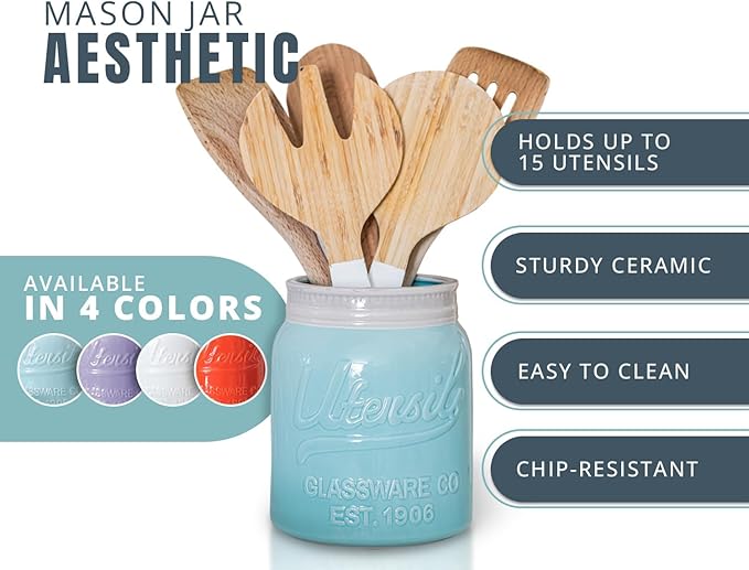 Comfify Wide Mouth Mason Jar Utensil Holder Decorative Kitchenware Organizer Crock, Dishwasher Safe - Kitchen Caddy Aqua Blue for Countertop, Large Size 7" Hight