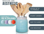 Comfify Wide Mouth Mason Jar Utensil Holder Decorative Kitchenware Organizer Crock, Dishwasher Safe - Kitchen Caddy Aqua Blue for Countertop, Large Size 7" Hight