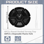 Zhehao 6 Pcs Plastic Divided Serving Trays with 60 Pcs Disposable Fork, 7 Compartments Round Chip Dip Plate, Petal Shape Platter, 10.6'' Snacks Serving Dish for Party Candy Nuts Fruits (Black)