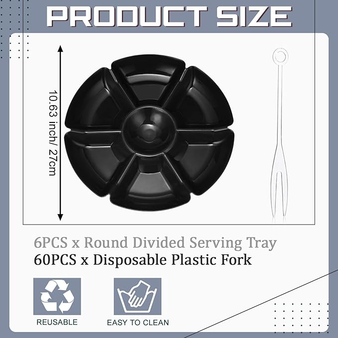 Zhehao 6 Pcs Plastic Divided Serving Trays with 60 Pcs Disposable Fork, 7 Compartments Round Chip Dip Plate, Petal Shape Platter, 10.6'' Snacks Serving Dish for Party Candy Nuts Fruits (Black)