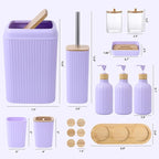 Light Purple Bathroom Accessories Set 17PCS Bathroom Set with Trash Can 3PCS Lotion Soap Dispenser, Toothbrush Holder, Soap Dish,Tumbler Cup,6PCS Wood Tags Bath Accessories with Tray for Bathroom