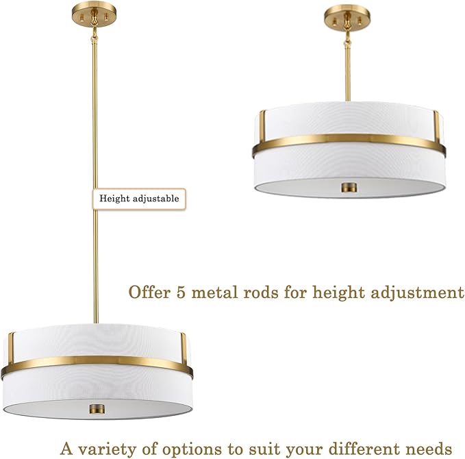 HYDELITE Gold Pendant Light Fixtures Drum Modern Pendant Light 4 Light with Linen Shade for Dinning Room Living Room Bedroom Kitchen Island