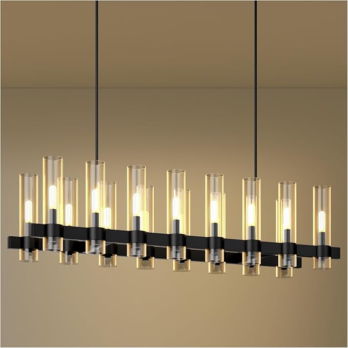 Black Linear Chandelier, 54 Inch 16-Lights Modern Kitchen Island Dining Room Over Table Light Fixture, Industrial Farmhouse Large Pendant Lighting with Glass Shade