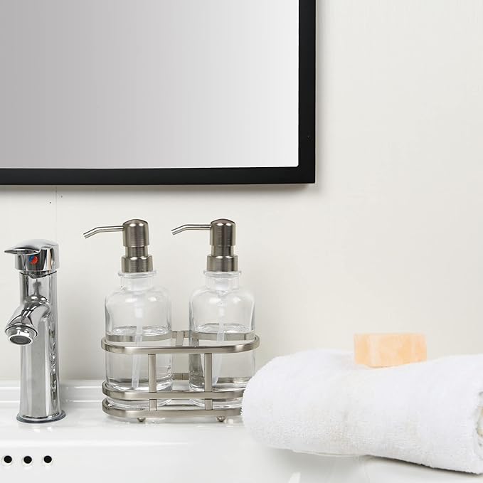 3 Piece Round Heavy Weight Glass Soap Lotion Pump Dispenser Set with Metal Caddy for Home Bath Kitchen Travel Office Hand Crafted Metal Tray Nickel