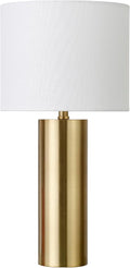 Henn&Hart 16'' Mid-Century Modern 1-Light Table Lamp with White Fabric Drum Shade for Living Room, Bedroom, or Office, Brass