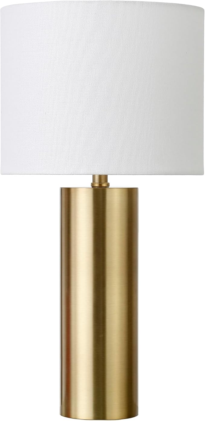Henn&Hart 16'' Mid-Century Modern 1-Light Table Lamp with White Fabric Drum Shade for Living Room, Bedroom, or Office, Brass