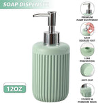 Resin Light Green Bathroom Accessories Set 5 Pcs, Lotion Soap Dispenser, Toothbrush Holder, Bathroom Tumbler, Qtip Holder and Vanity Tray, Bathroom Countertop Organizer Set for Modern Apartment