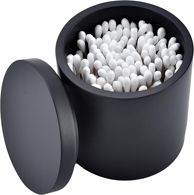 Cotton Swab Holder with Lid, Round Qtip Holder Bathroom Black, Resin Cotton Ball Canister Jar Cosmetics Makeup Countertop Organizer Containers Canister Apothecary Jar, Matte Black