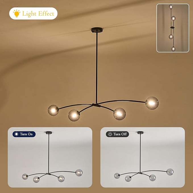 L51” Black Sputnik Chandelier Modern 4 Lights Dining Room Light Fixture Mid Century Smoke Glass Globe Ceiling Pendant Lighting Contemporary for Kitchen Island Bar Bedroom Home Office