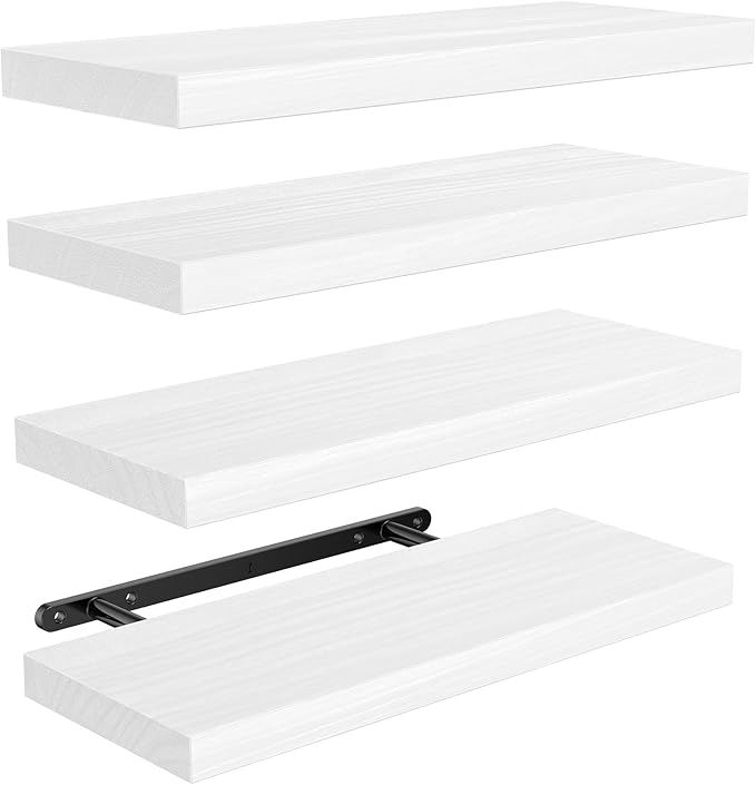 AMADA HOMEFURNISHING Floating Shelves, Paulownia Wood Wall Shelves for Bathroom/Living Room/Bedroom/Kitchen/Home Office, Natural Wood Floating Shelf for Home Storage & Organization, Set of 4, AMFS40W