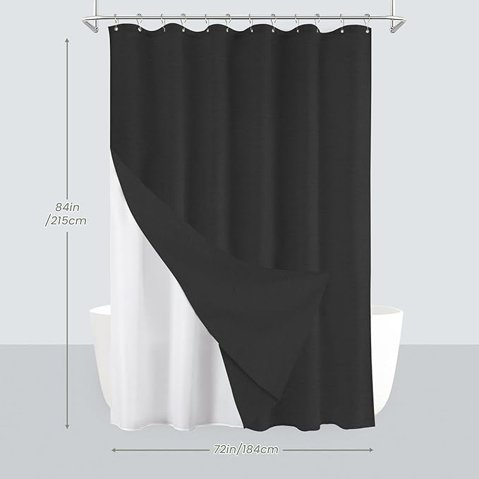 Inhousolu Boho Farmhouse Shower Curtain with Fabric Liner Set, Faux Linen Textured, 14 Metal Hooks Luxury Weighted Hem, Washable Wrinkle Free Bath Curtain for Hotel Bathroom 72" W x 84" L Black