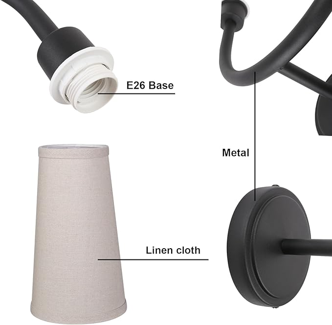 Yosoan Linen Wall Sconce Indoor Night Light Fixture, 2-Light Dual Indoor Vanity Vintage Industrial Hardwired Sconces Wall Lighting with Textile Fabric Shade Lamp for Bedroom Living Room Bedside(Black)