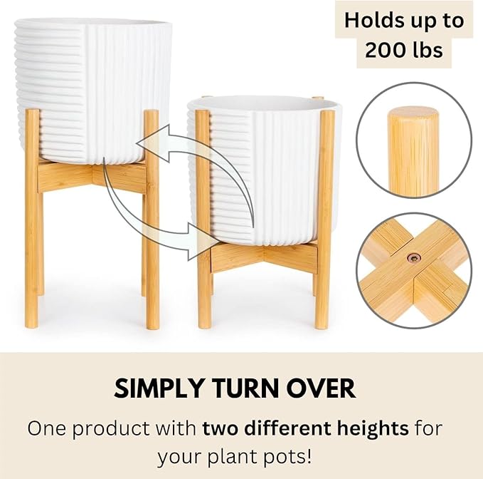Fox & Fern Large Adjustable Plant Stand Indoor — 11 to 15 Inch Premium Mid Century Bamboo Plant Stand; Plug In Design; Easy Assembly; Two Heights - For 11, 12, 13, 14 & 15 Inch Pots (Not Included)