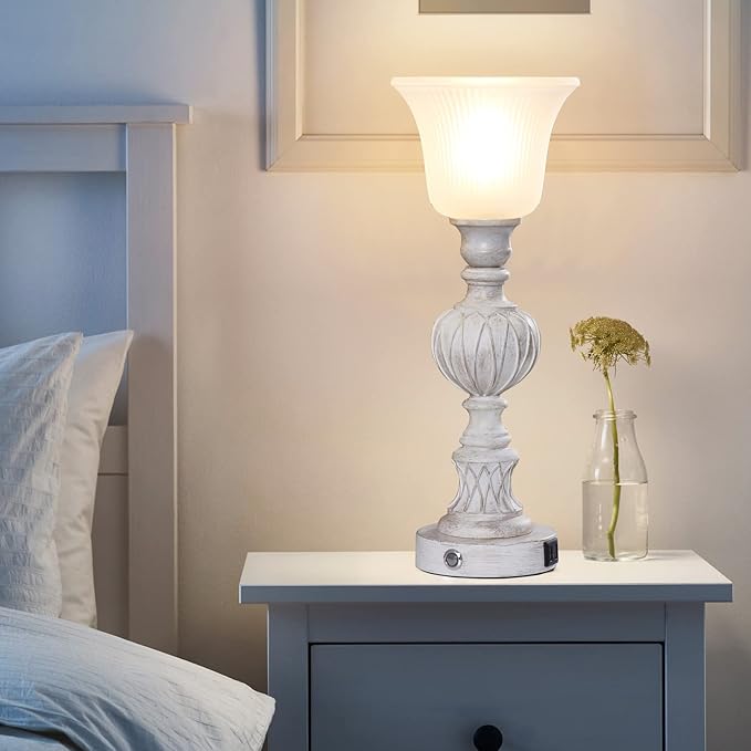 Luvkczc Touch Tall Lamps Set of 2, 18" Tall 3-Way Bedside Lamps with Glass Lampshade for Bedroom Living Room Farmhouse Office, Rustic Resin Table Lamps & Washed White