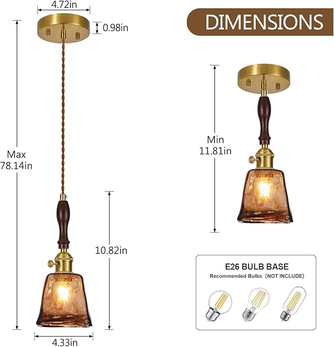 Amber Glass Vintage Pendant Light Height Adjustable Handmade Glass Pendant Lights Kitchen Island Gold Hanging Light Fixture with Wood Handle for Bedroom Dining Room Hotel (2Pack)