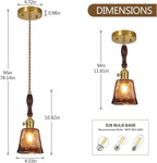 Amber Glass Vintage Pendant Light Height Adjustable Handmade Glass Pendant Lights Kitchen Island Gold Hanging Light Fixture with Wood Handle for Bedroom Dining Room Hotel (1 Pack)