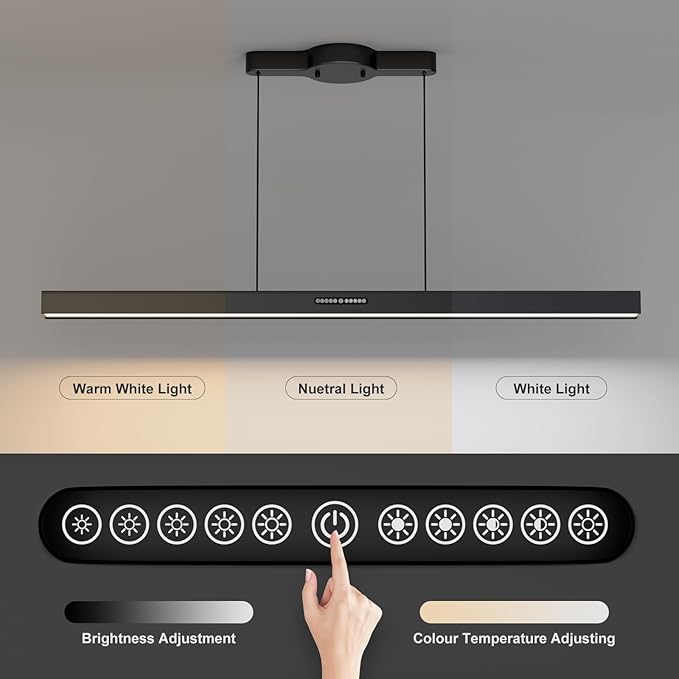 44.5" Dimmable LED Linear Kitchen Island Pendant Light Fixtures with Memory Function, 30W Modern Touch Control Chandelier, Adjustable Color Temperature, Dining Room Light Fixture for Office Bar, Black