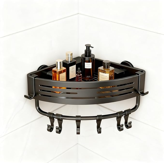 Rustproof Aluminum Corner Shower Caddy, Press-to-Install Triangle Shelf with Hooks, Suction Bathroom Shower Organizer & Shampoo Holder for Inside - Must-Have Bathroom Storage Rack