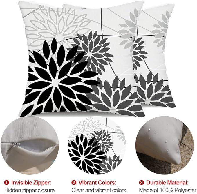 Black Grey Floral Pillow Covers 16x16 Set of 2 Outdoor Waterproof White Colored Decorative Throw Pillows Summer Pillowcase Polyester Cushion Case Decor for Couch Patio Funiture Garden Porch 01L16