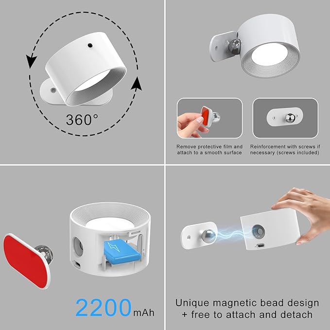 Romote LED Wall Sconce - Rechargeable Wall Light, 3 Colors & 3 Brightness Levels, 360째 Magnetic Rotating Head, Bedside Reading Lamp, Easy Install Battery Operated Lamp White Pack of 2