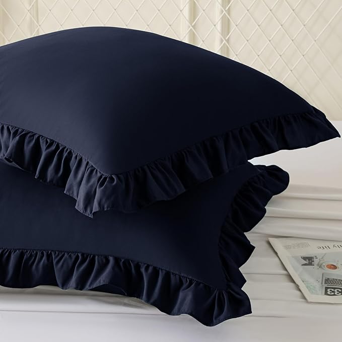 KKJIAF Ruffle Pillow Cases 24x24 Inches, Navy Blue Square Ruffled Pillow Covers Set of 2, Microfiber Wrinkle Resistant Pillow Shams with Envelope Closure for Sofa Bed Living Room