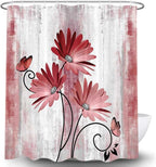 Rustic Farmhouse Shower Curtain, Farm Red Daisy Floral Flowers and Butterfly on Country Wooden Shower Curtain for Bathroom, Light Burgundy Gray Grey Shower Curtain with 12PCS Hooks, 70X75IN