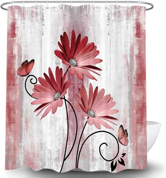 Rustic Farmhouse Shower Curtain, Farm Red Daisy Floral Flowers and Butterfly on Country Wooden Shower Curtain for Bathroom, Light Burgundy Gray Grey Shower Curtain with 12PCS Hooks, 70X70IN