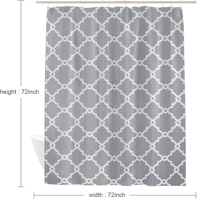 WELTRXE Moroccan Fabric Shower Curtain with Hooks, Waterproof Polyester Geometric Pattern Bathroom Curtains, Machine Washable, 72 x 72 inches, Gray