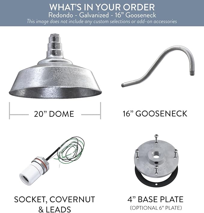 Steel Lighting Co. Redondo Barn Light | Outdoor Wall Mounted | 20 inch Dome | 16 inch Gooseneck | Large Farmhouse Warehouse Light Made in America | Galvanized Exterior/Galvanized Interior