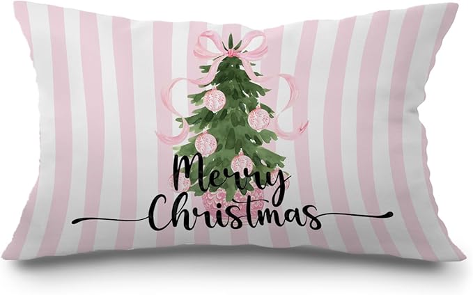 JINYO Coquette Pink Chinoiserie Christmas Pillow Covers 12x20, Grandmillennial Christmas Decor, Preppy Xmas Tree Lumbar Pillow Covers for Girls Room Dorm Apartment Sofa Couch