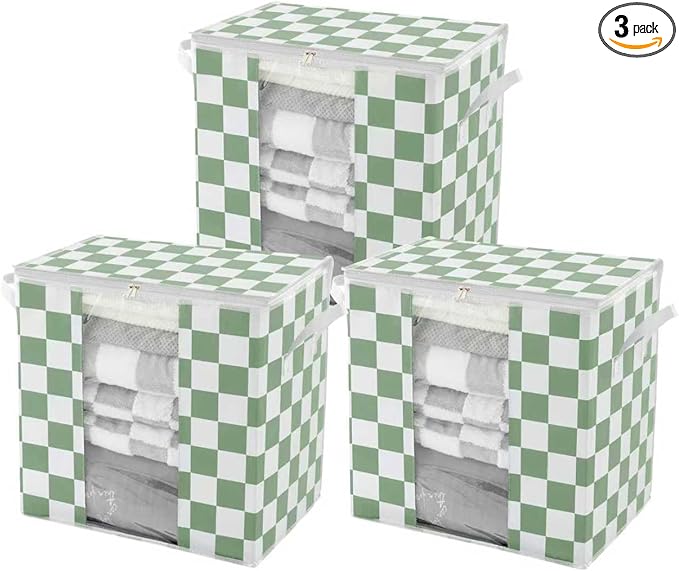 Green Checkered Clothes Storage Bins, 100L Large Blanket Storage Bags 3 Pack, Closet Organizers and Storage Containers for Comforters, Bedding, Foldable Organizer with Handle