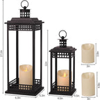 Vintage Lanterns Decorative Indoor, 17'' 11'' Set of 2 Black Candle Lantern Decor, Lanterns Decorative for Retro Living Room, Mantel, Patio, Porch, Garden, Balcony, Wedding Tabletop Lantern