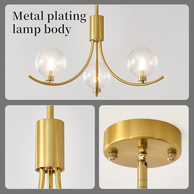 Gold Modern Chandelier with 3 Glass Globe Bulbs - Adjustable Height & Colour Temperature, Gilded lamp Post, Elegant Lighting for Living Room, Bedroom or Study