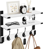 Homode Two-Tier Coat Rack with Shelf, 17 Inch Wood Coat Hanger Wall Mount, Entryway Wall Shelf with Heavy Duty Key Hooks, Hanging Storage Shelves for Display Books Plants Photos, White