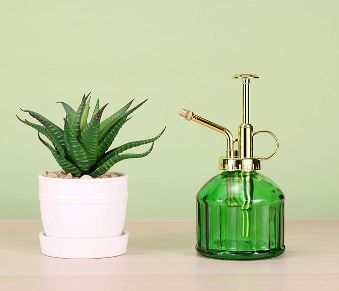 Glass Plant Mister Spray Bottle, 6.5" Green Glass Water Spray Bottle with Gold Top Pump Small Watering Can, Small Plant Sprayer Mister for Indoor Outdoor House Plant, Green+Gold (Green+Gold B)