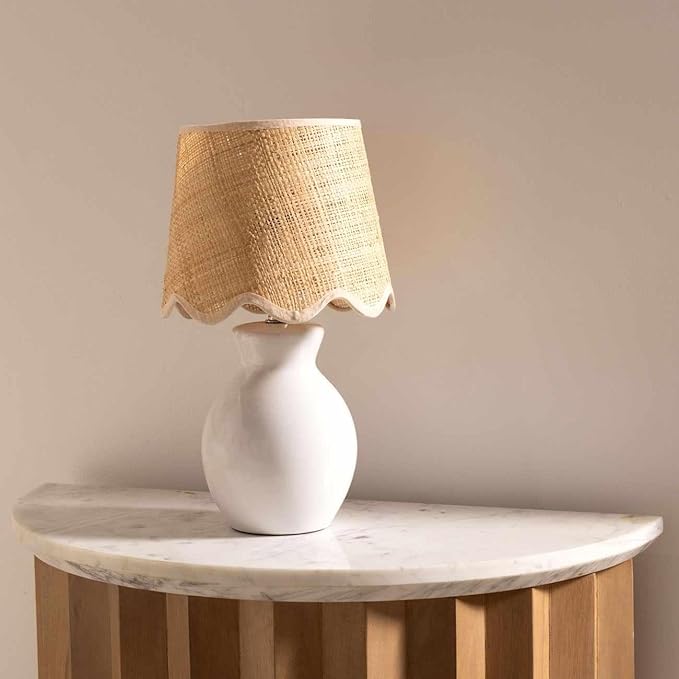 BoutiqueRugs Liliac Boho Ceramic and Jute Bedside Table Lamp for Bedroom Nightstand - End Side Lighting for Living Room - Shade Rattan - White, Beige - 15" H