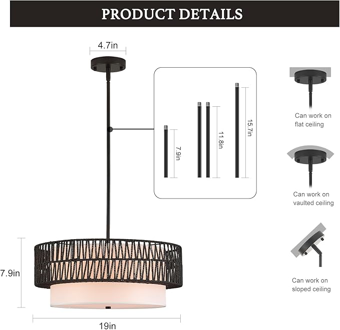 19" Rattan Chandelier with Linen Vintage Farmhouse Boho Hand Woven Bamboo Chandelier Light Fixture Modern Drum Wicker Rattan Black Chandeliers for Dining Room, Entryway, Bedroom, Foyer