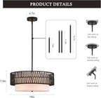 19" Rattan Chandelier with Linen Vintage Farmhouse Boho Hand Woven Bamboo Chandelier Light Fixture Modern Drum Wicker Rattan Black Chandeliers for Dining Room, Entryway, Bedroom, Foyer