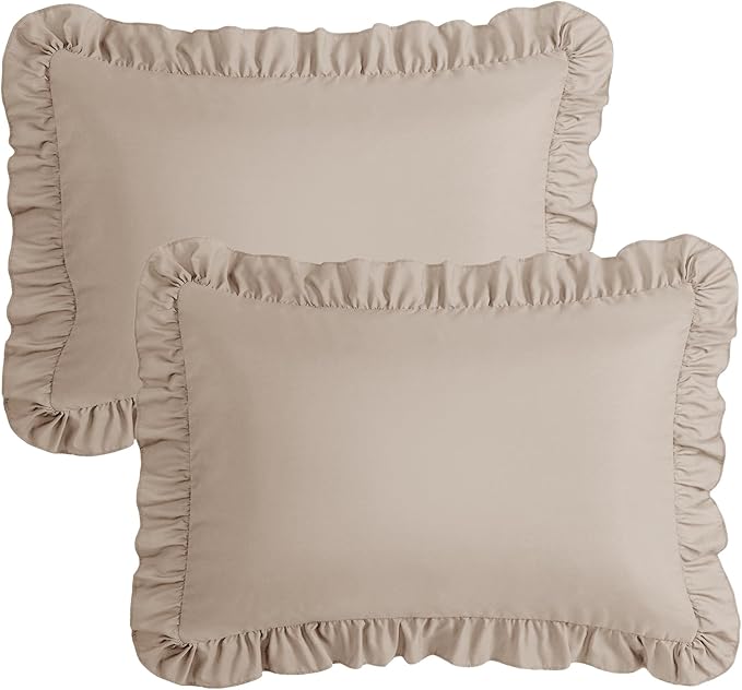 KKJIAF Ruffle Pillow Cases King Size Set of 2, Ruffled Pillow Covers with Envelope Closure, Wrinkle Resistant Pillowcases 20" x 36", Ruffled Pillow Shams, Khaki