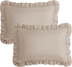 KKJIAF Ruffle Pillow Cases Standard Size Set of 2, Ruffled Pillow Covers with Envelope Closure, Wrinkle Resistant Pillowcases 20" x 26", Ruffled Pillow Shams, Khaki