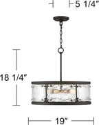 Possini Euro Design Bronze Pendant Light - 4 Light, Clear Waterglass Drum Shade, Bronze Brass Rustic Modern Pendant Light for Kitchen Islands, Dining Rooms, and Living Rooms - 19" Wide, 18 1/4" High